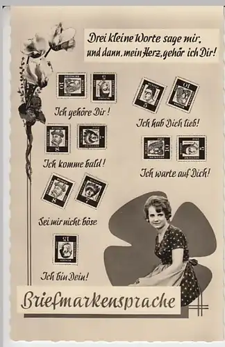 (27556) Foto AK Briefmarkensprache, Drei kleine Worte sage 1961-70