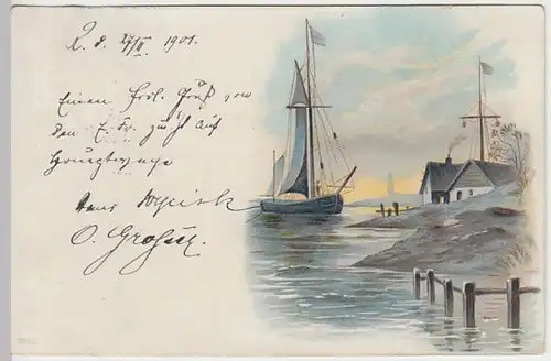 (27441) Künstler AK Segelschiff, Häuser am Ufer 1901