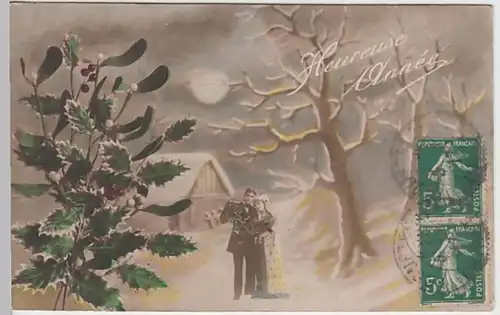 (25804) Foto AK Neujahr, Heureuse Annee, Paar, Mistelzweige 1917