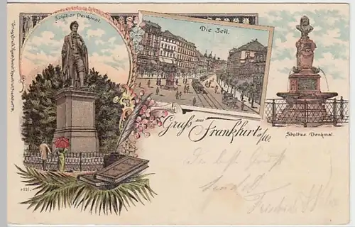 (25613) AK Gruß aus Frankfurt am Main, Schillerdenkmal, Zeil, Litho 1899
