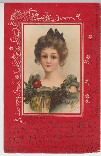 (25533) Künstler AK junge Frau mit Rose 1901