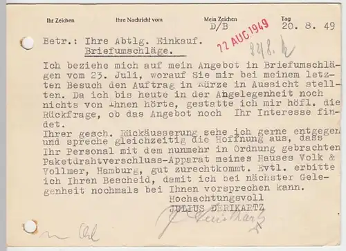 (25456) Postkarte DP 1949 v. Julius Derikartz, Köln Merheim