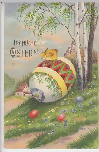 (25463) Künstler AK Ostern, bunte Eier, Küken, Birken, Burg
