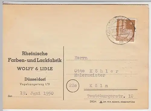 (25447) Postkarte Deutsche Post 1950 v. Lackfabrik Wolff & Lidle Düsseldorf