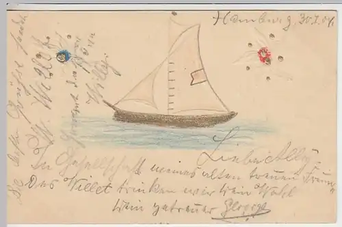 (25293) Künstler AK Segelboot, Blüten, Schlitztechnik 1904