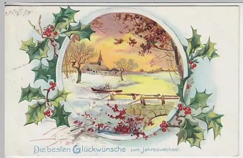 (25281) Künstler AK Neujahr, Prägekarte, Fluß, Kirche, Stechpalme 1906