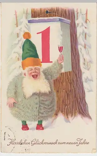 (25254) Künstler AK Neujahr, Zwerg, Kalender, Landpoststempel um 1935
