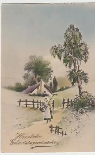 (25249) Künstler AK Geburtstag, Frau mit Rechen und Korb 1917