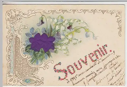 (24931) AK Glückwunsch, Souvenir, Prägekarte, Veilchen, Maiglöck. 1906