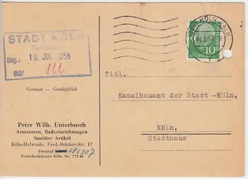 (24857) Postkarte DBP 1958 v. Peter Wilh. Unrterbusch, Köln