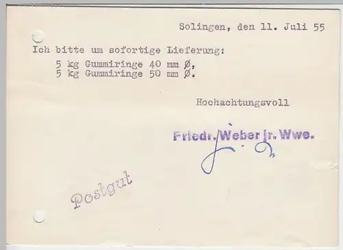 (24832) Postkarte DBP Freistempel 1955 v. Friedr. Weber jr. Wwe. Solingen