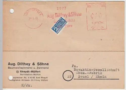 (24829) Postkarte DBP Freistempel 1949 v. Aug. Dilthey & Söhne Rheydt-Mülfort