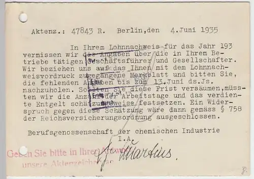 (24818) Postkarte DR Freistempel 1935 v. Berufsgenossenschaft Chem. Industrie
