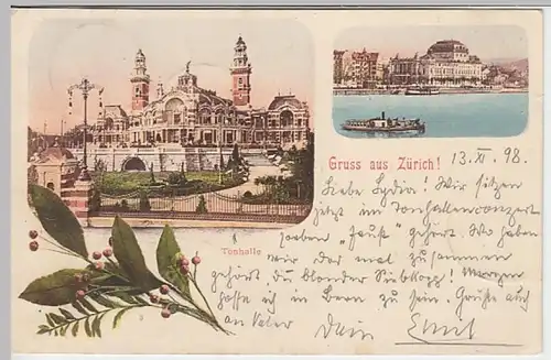 (24798) AK Gruß aus Zürich, Tonhalle 1898