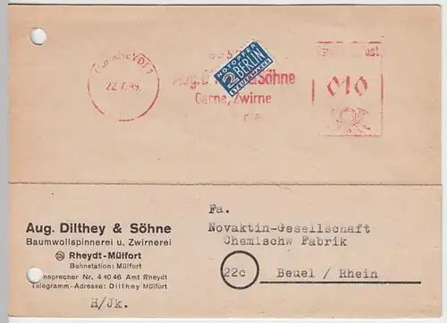 (24737) Postkarte DBP Freistempel 1949 v. Aug. Dilthey & Söhne Rheydt-Mülfort