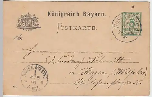(24264) Ganzsache Bayern 1897, Würzburg nach Hagen
