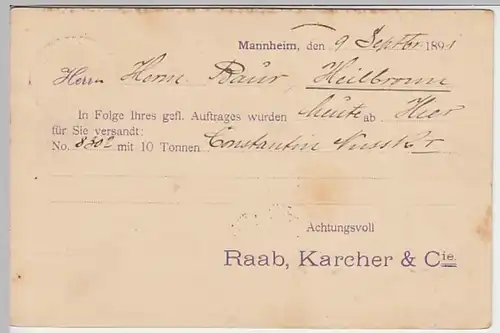 (24263) Ganzsache Reichspost 1891 v. Raab, Karcher & Cie, Mannheim