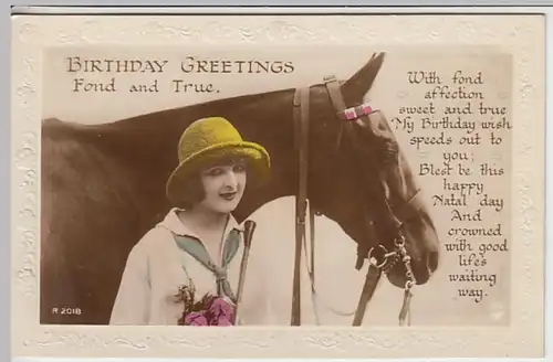 (24236) Foto AK Geburtstag, Dame mit Hut, Pferd, vor 1945