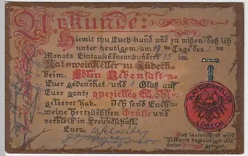 (24214) AK Urkunde Ratsweinkeller Lübeck 1935