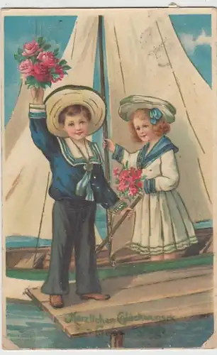 (24213) Künstler AK Geburtstag, Kinder mit Segelboot 1912