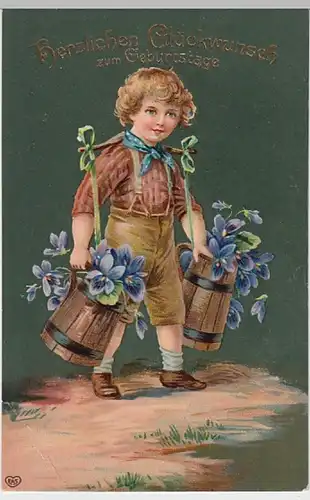 (24185) Künstler AK Geburtstag, Junge mit Veilchenkrügen 1909