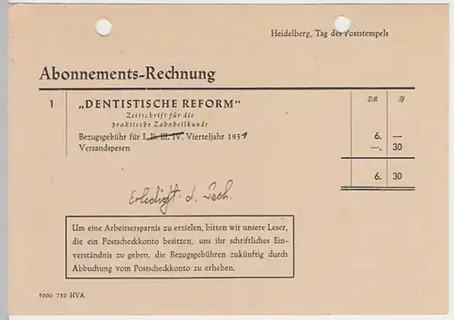 (24172) Postkarte Freistempel 1951 v. Dentistische Reform Heidelberg