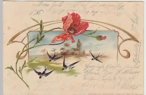 (23879) Künstler AK Schwalben, Mohn, Kirche 1906