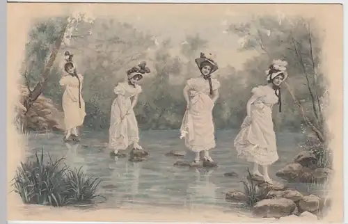 (23870) Künstler AK junge Frauen überqueren Wasser, vor 1945