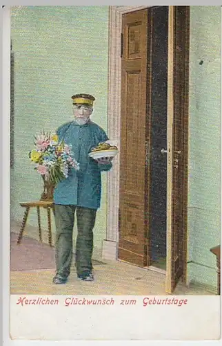 (23309) AK Geburtstag, Bote mit Blumen und Backwerk, um 1903
