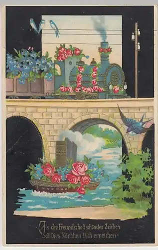 (23291) AK Sprüche, Freundschaft, Dampflok, Boot um 1910