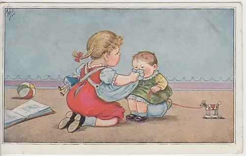 (23265) Künstler AK Kinder mit Puppe, Töpfchen u. Holzpferd 1932