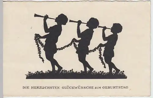 (23175) AK Geburtstag, Scherenschnitt, Kinder mit Tröten 1924