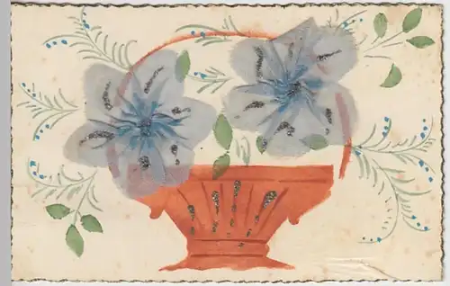 (23166) AK handgemalter Korb mit Blüten aus Stoff, Glitzer 1943
