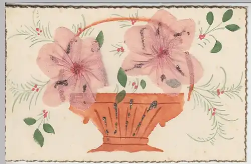 (23165) AK handgemalter Korb mit Blüten aus Stoff, Glitzer 1943
