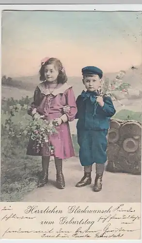 (23088) AK Geburtstag, Mädchen u. Junge mit blühenden Zweigen 1904