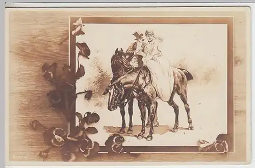 (22822) Foto AK Paar zu Pferde, Stiefmütterchen, bis 1905