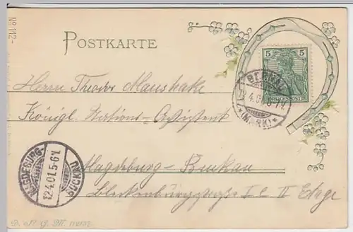 (22795) Postkarte DR 1901 mit Präge-Hufeisen