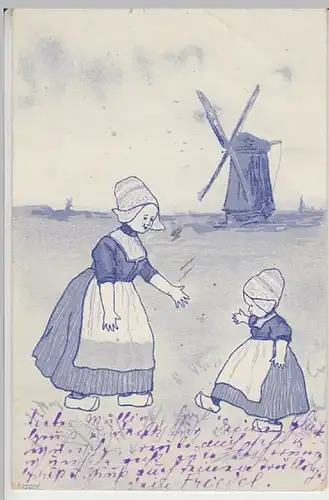 (22765) Künstler AK Niederländerin in Tracht mit Kind, Windmühle 1904