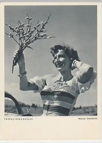 (22607) AK junge Frau mit Weidenkätzchen, nach 1945