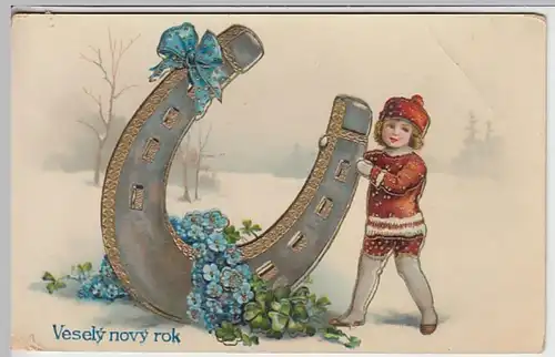 (22603) AK Neujahr, Vesely novy rok, Kind, Hufeisen, Golddruck, um 1908