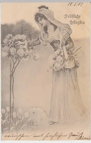 (22465) Künstler AK Pfingsten, Junge Frau am Flieder 1902