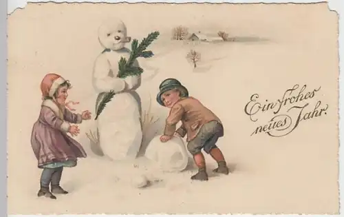 (22266) Künstler AK Neujahr, Kinder und Schneemann 1921