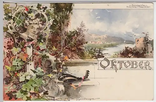 (22111) Künstler AK Monatsgrüße, Oktober um 1900, gelaufen 1920