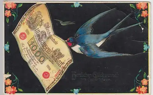 (21822) AK Geburtstag, Schwalbe mit Tausenmarkschein, vor 1945