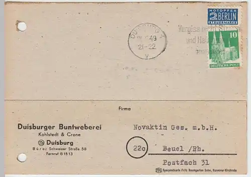 (21819) Postkarte Deutsche Post 1949 v. Buntweberei Duisburg