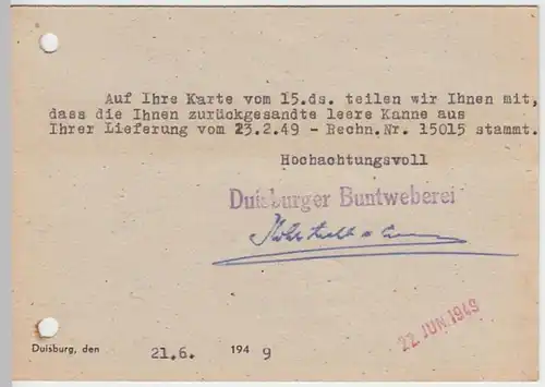 (21819) Postkarte Deutsche Post 1949 v. Buntweberei Duisburg