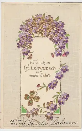 (21621) AK Neujahr, Prägekarte, Veilchen, Klee 1906