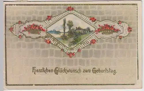 (20882) AK Geburtstag, Blüten, Haus am Wasser 1917