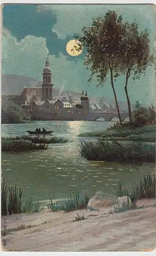 (20753) Künstler AK Alte Stadt am Wasser bei Mondschein 1911