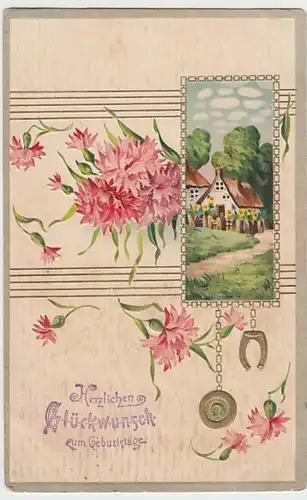 (20552) AK Geburtstag, Prägekarte, Nelken, Haus im Grünen 1913